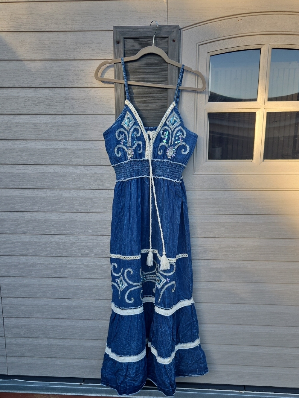 POL Blue Denim Embroidered Smocked Waist Maxi Dress Sz L